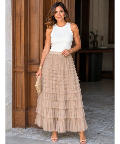 Comprar saia longa tule babados bege para festa casamento formatura