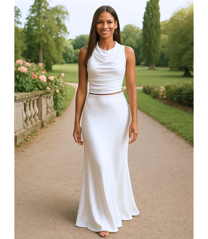 Comprar saia longa de cetim feminina branco sereia elegante para eventos, looks casuais e sofisticados em promoção ZARA
