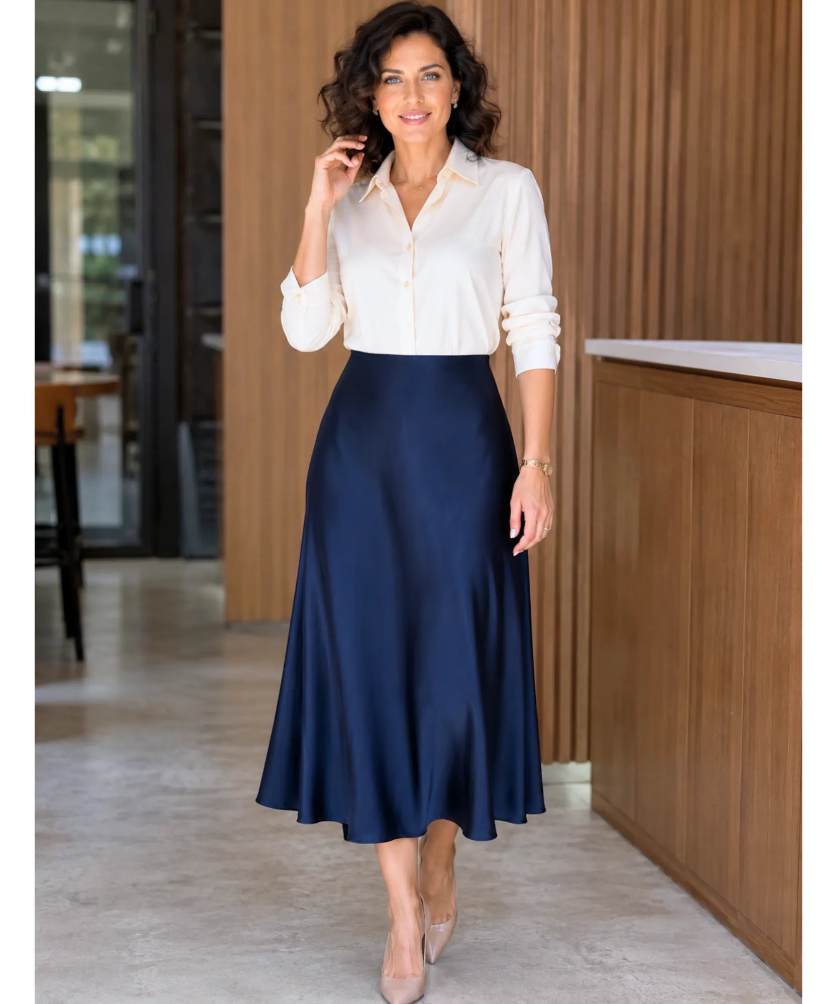 Comprar saia midi alfaiataria cetim azul marinho barato Anellimn