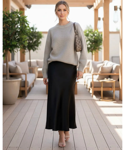 Saia Midi Alfaiataria Cetim Feminina Social Elegante | Galli