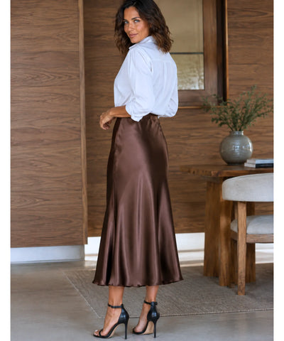 Comprar saia midi alfaiataria cetim marrom em promoção Anellimn