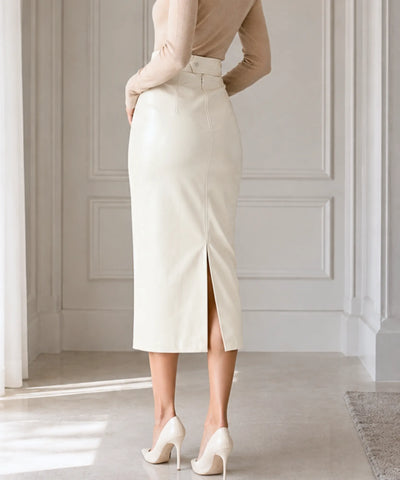 Comprar saia midi de couro transpassada cintura alta com fenda lateral feminina para escritório e eventos sociais promoção ZARA