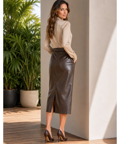 Comprar saia midi de couro transpassada cintura alta com fenda lateral feminina para escritório e eventos sociais promoção ZARA