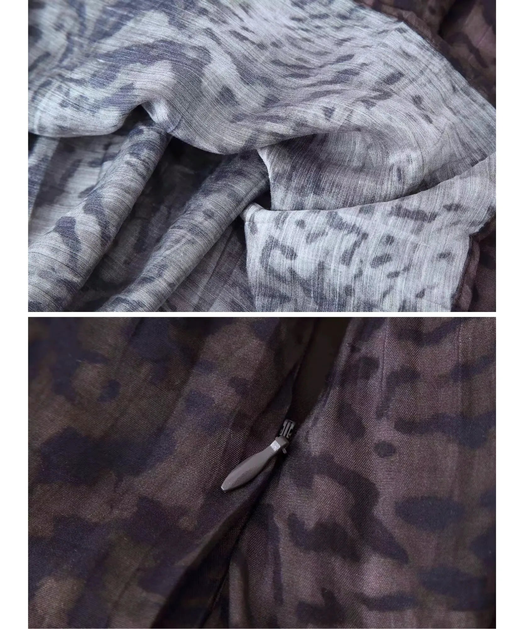 Detalhe da textura do tecido estampado da saia midi