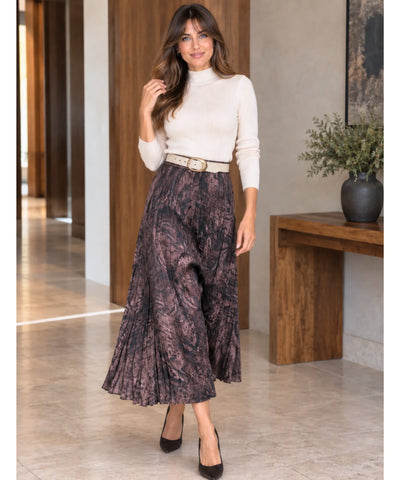 Comprar saia midi estampada rodada com cinto marrom em promoção Anellimn