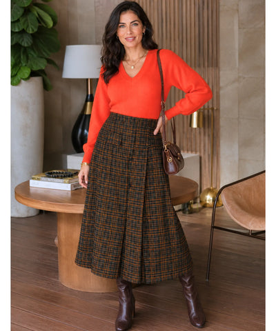 Comprar saia midi evasê alfaiataria xadrez com botões frontais cintura alta forro inverno outono barato e em promoção ANELLIMN