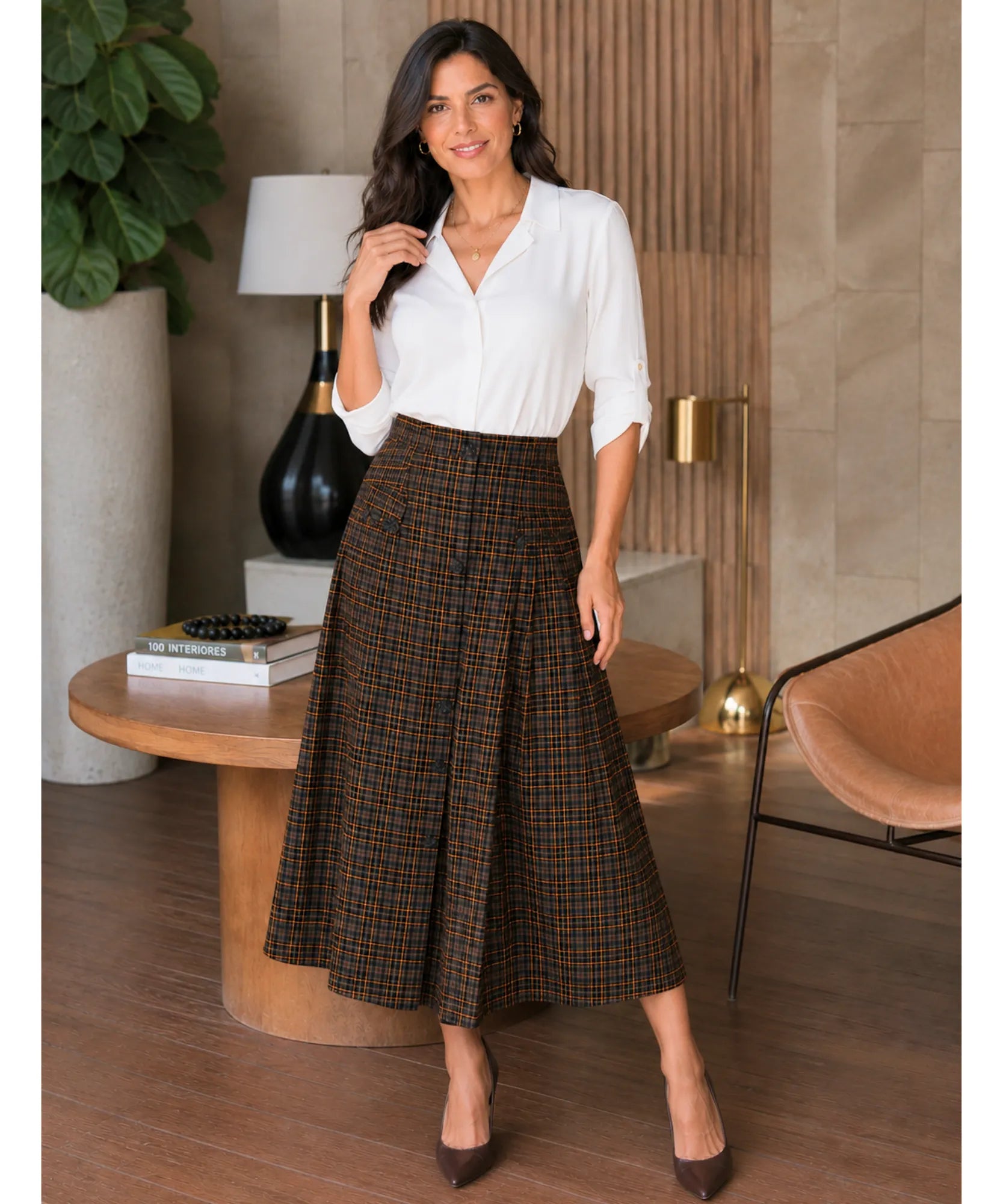 Comprar saia midi evasê alfaiataria xadrez com botões frontais cintura alta forro inverno outono barato e em promoção ANELLIMN