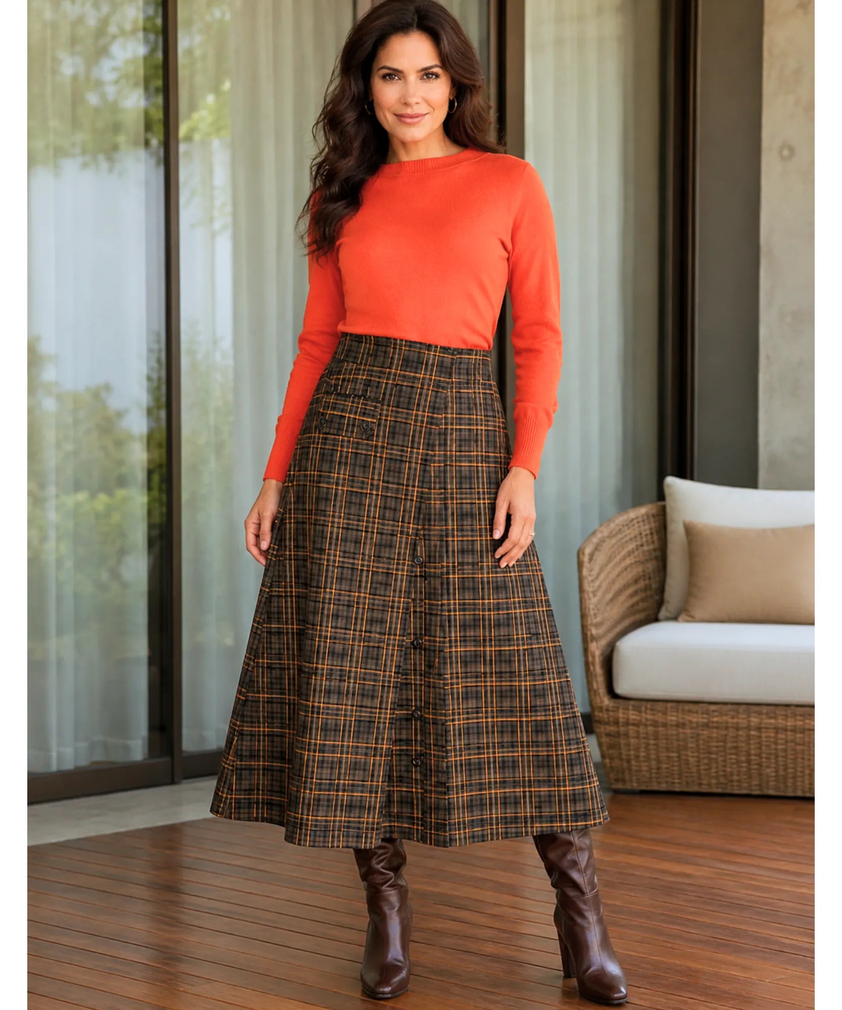 Comprar saia midi evasê alfaiataria xadrez com botões frontais cintura alta forro inverno outono barato e em promoção ANELLIMN