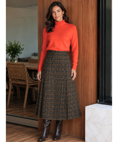 Comprar saia midi evasê alfaiataria xadrez com botões frontais cintura alta forro inverno outono barato e em promoção ANELLIMN