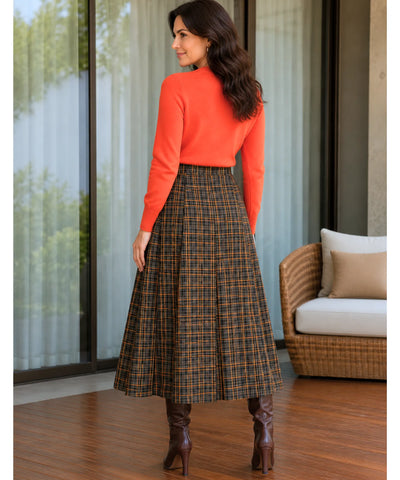Comprar saia midi evasê alfaiataria xadrez com botões frontais cintura alta forro inverno outono barato e em promoção ANELLIMN