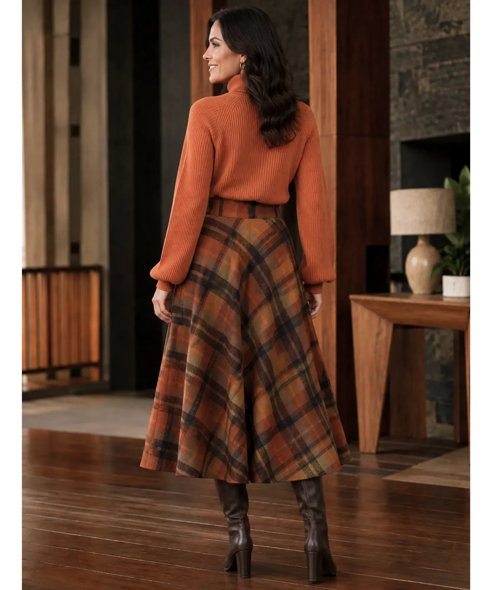 Comprar saia midi evasê xadrez em lã cintura alta godê inverno outono terracota em promoção frete grátis ZARA