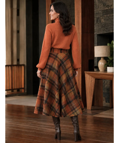 Comprar saia midi evasê xadrez em lã cintura alta godê inverno outono terracota em promoção frete grátis ZARA