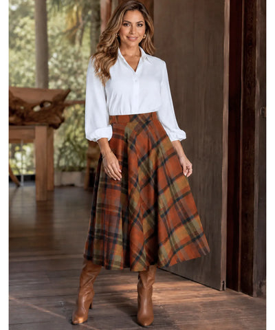 Comprar saia midi evasê xadrez em lã cintura alta godê inverno outono terracota em promoção frete grátis ZARA