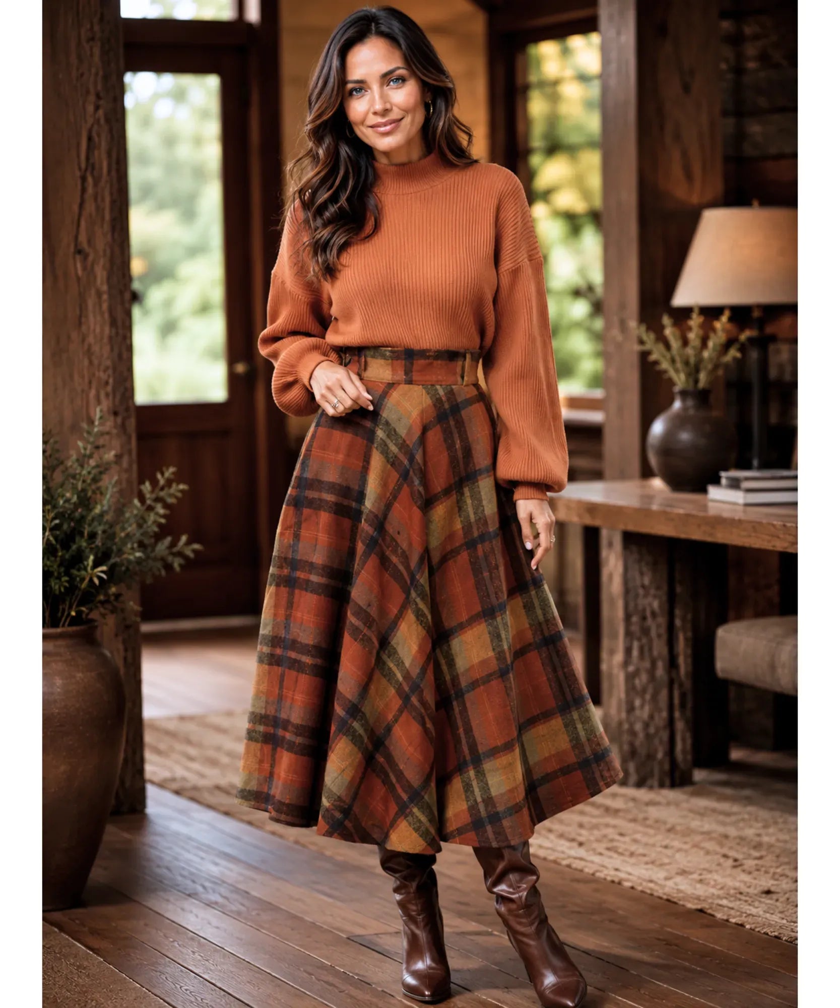 Comprar saia midi evasê xadrez em lã cintura alta godê inverno outono terracota em promoção frete grátis ZARA