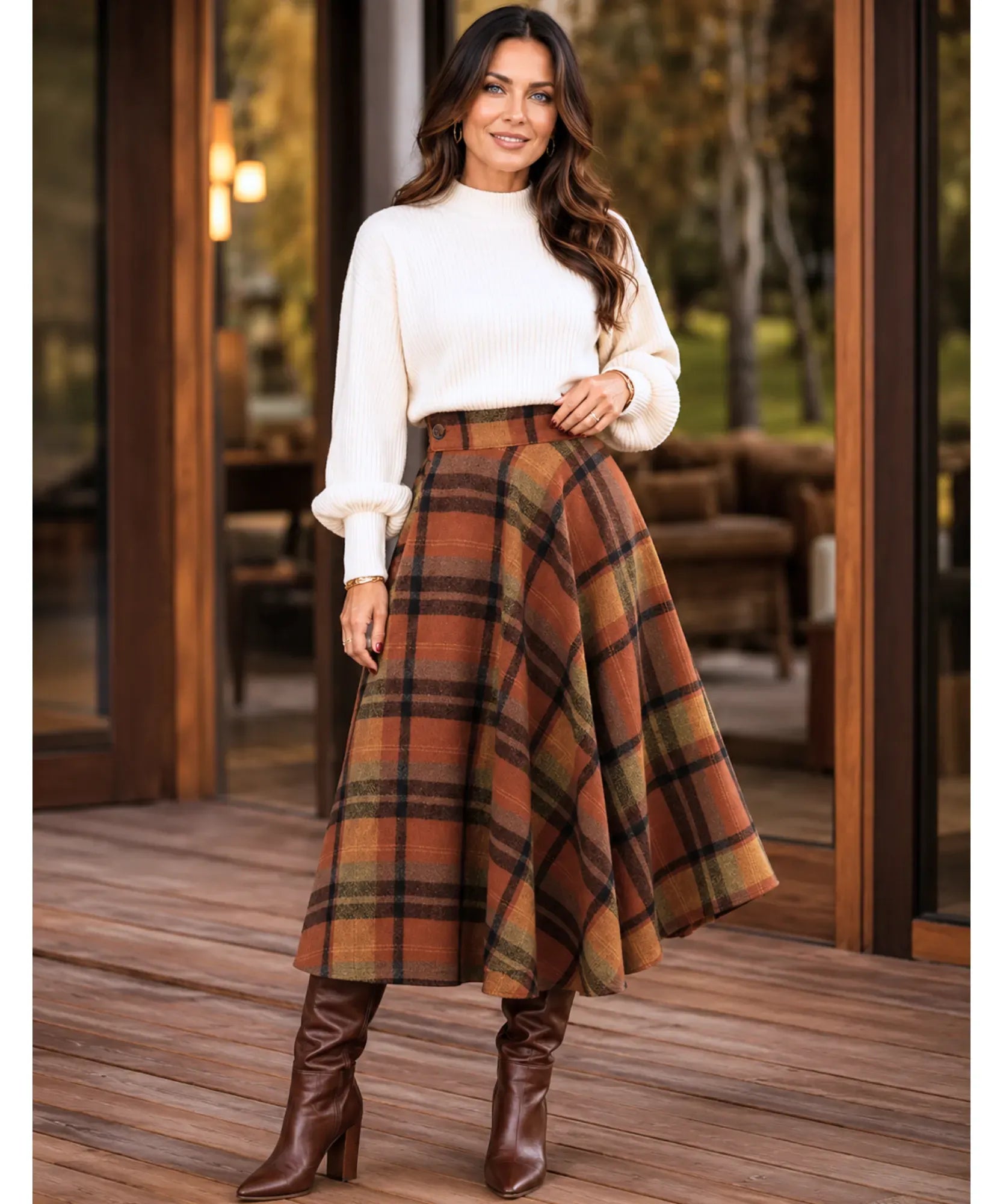 Comprar saia midi evasê xadrez em lã cintura alta godê inverno outono terracota em promoção frete grátis ZARA