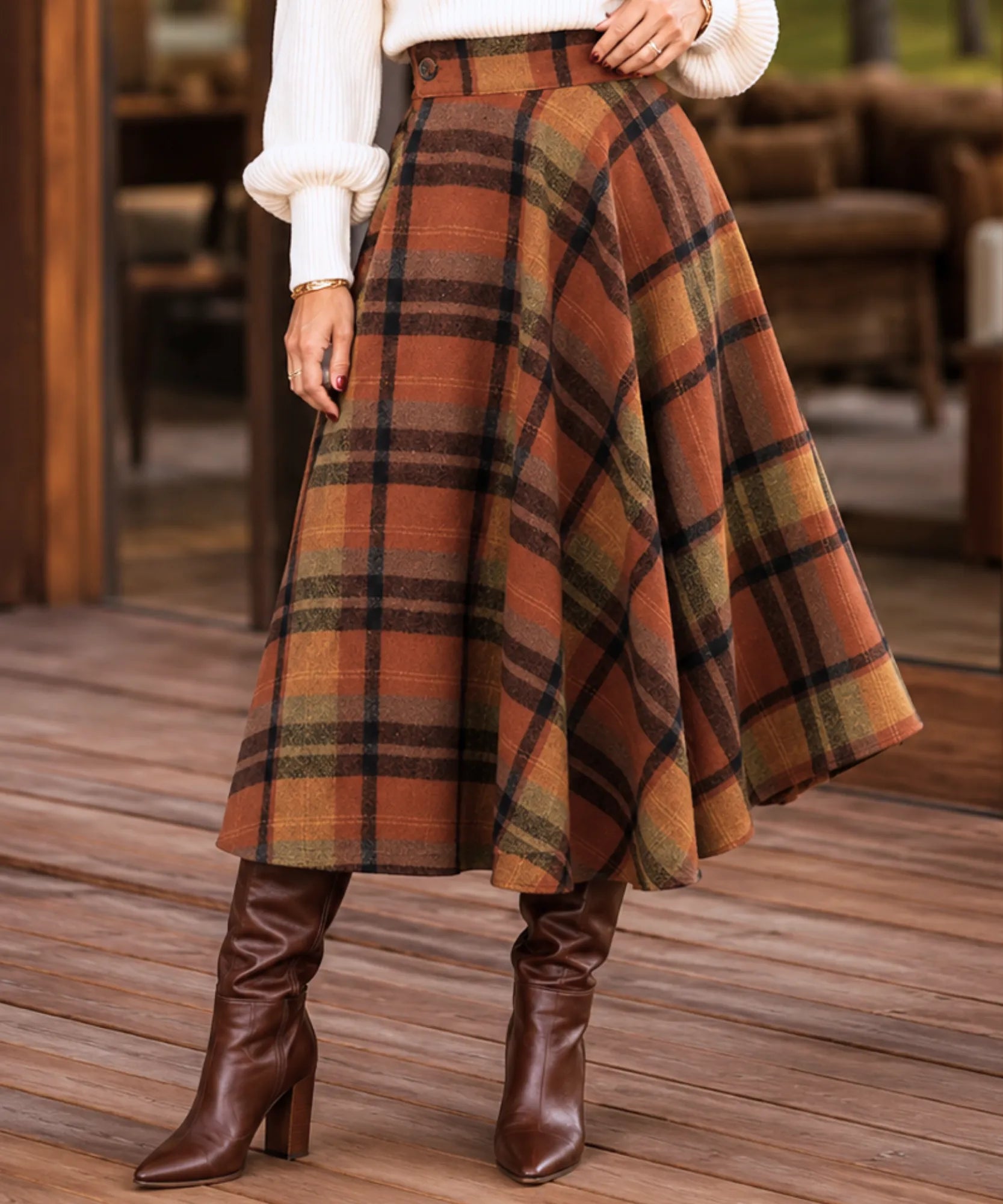Comprar saia midi evasê xadrez em lã cintura alta godê inverno outono terracota em promoção frete grátis ZARA