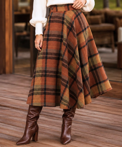 Comprar saia midi evasê xadrez em lã cintura alta godê inverno outono terracota em promoção frete grátis ZARA