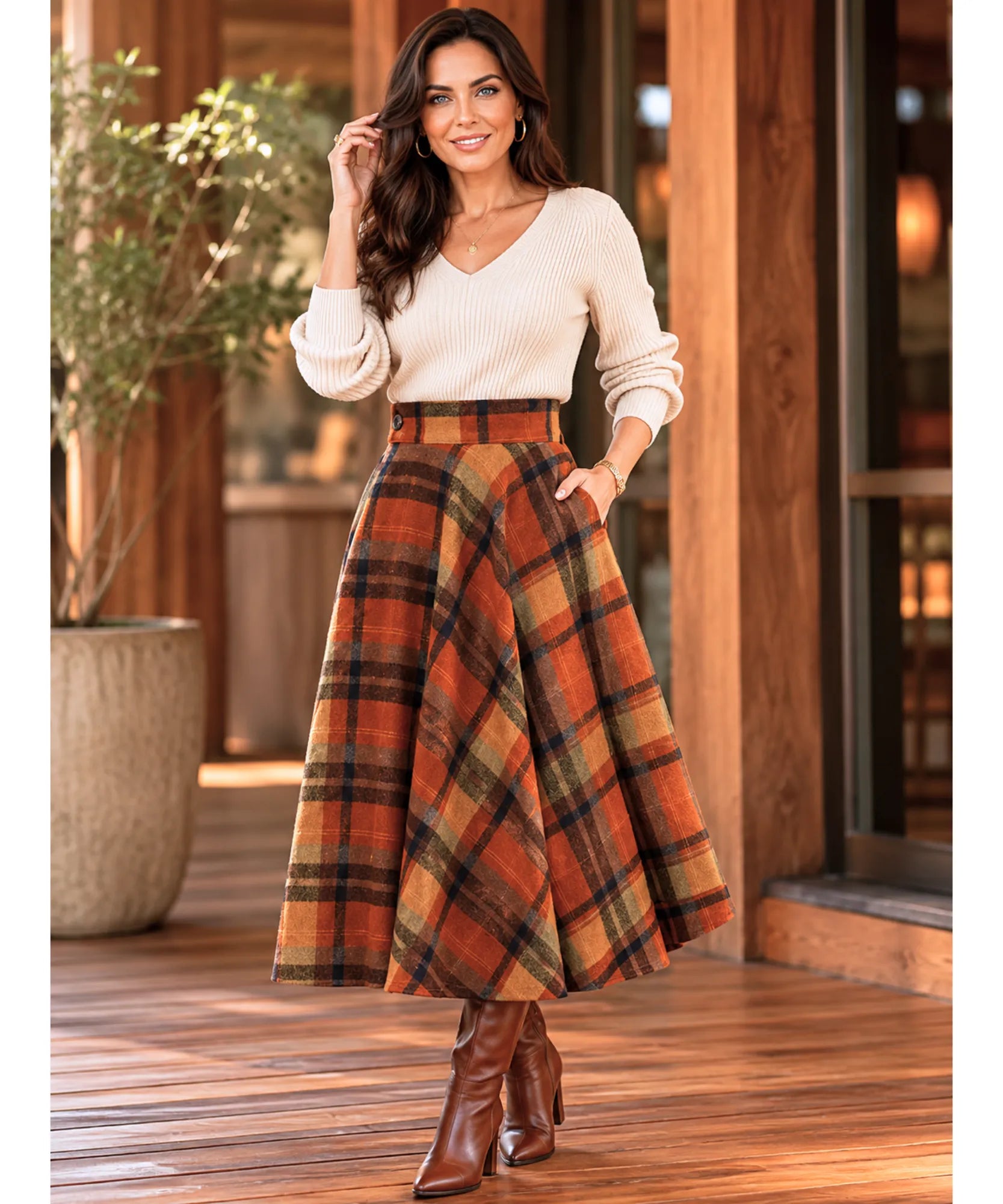 Comprar saia midi evasê xadrez em lã cintura alta godê inverno outono terracota em promoção frete grátis ZARA