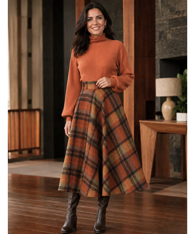 Comprar saia midi evasê xadrez em lã cintura alta godê inverno outono terracota em promoção frete grátis ZARA