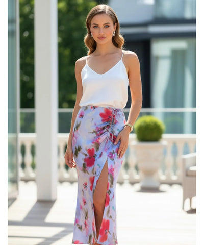 Saia Midi Floral Cetim Transpassada Amarração Lateral | Mary