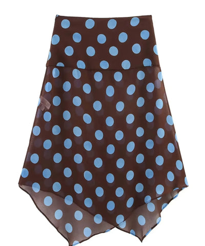 Saia midi assimétrica em chiffon poá marrom com bolinhas azul claro fotografada sem modelo