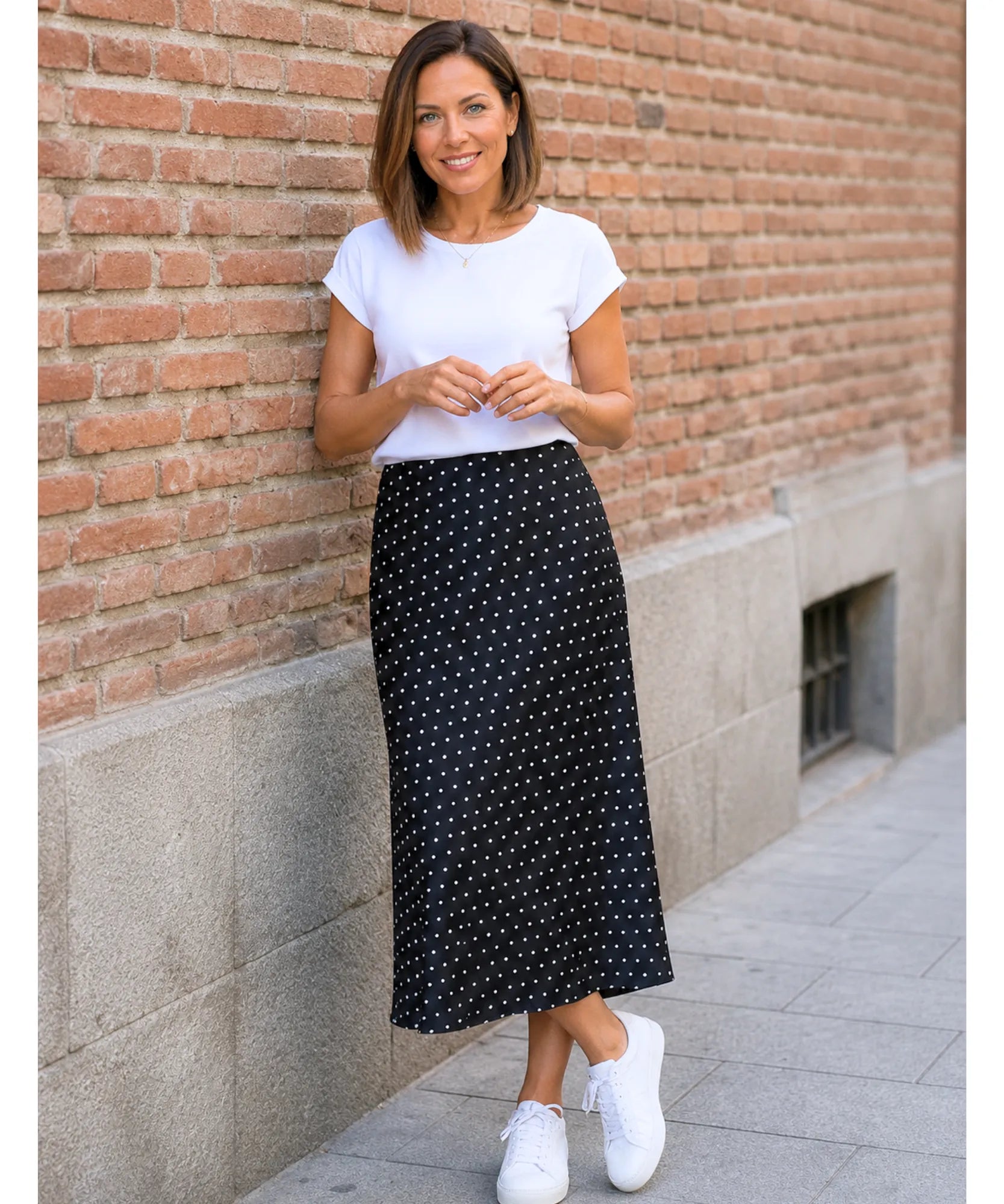 Comprar saia poá midi feminina preta casual barata Anellimn