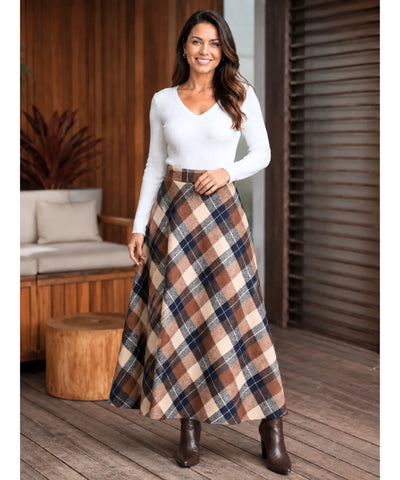Comprar saia xadrez longa evasê cintura alta lã espessada com forro e bolsos para inverno barata e em promoção ZARA
