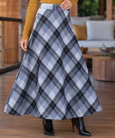 Comprar saia xadrez longa evasê cintura alta lã espessada com forro e bolsos para inverno barata e em promoção ZARA