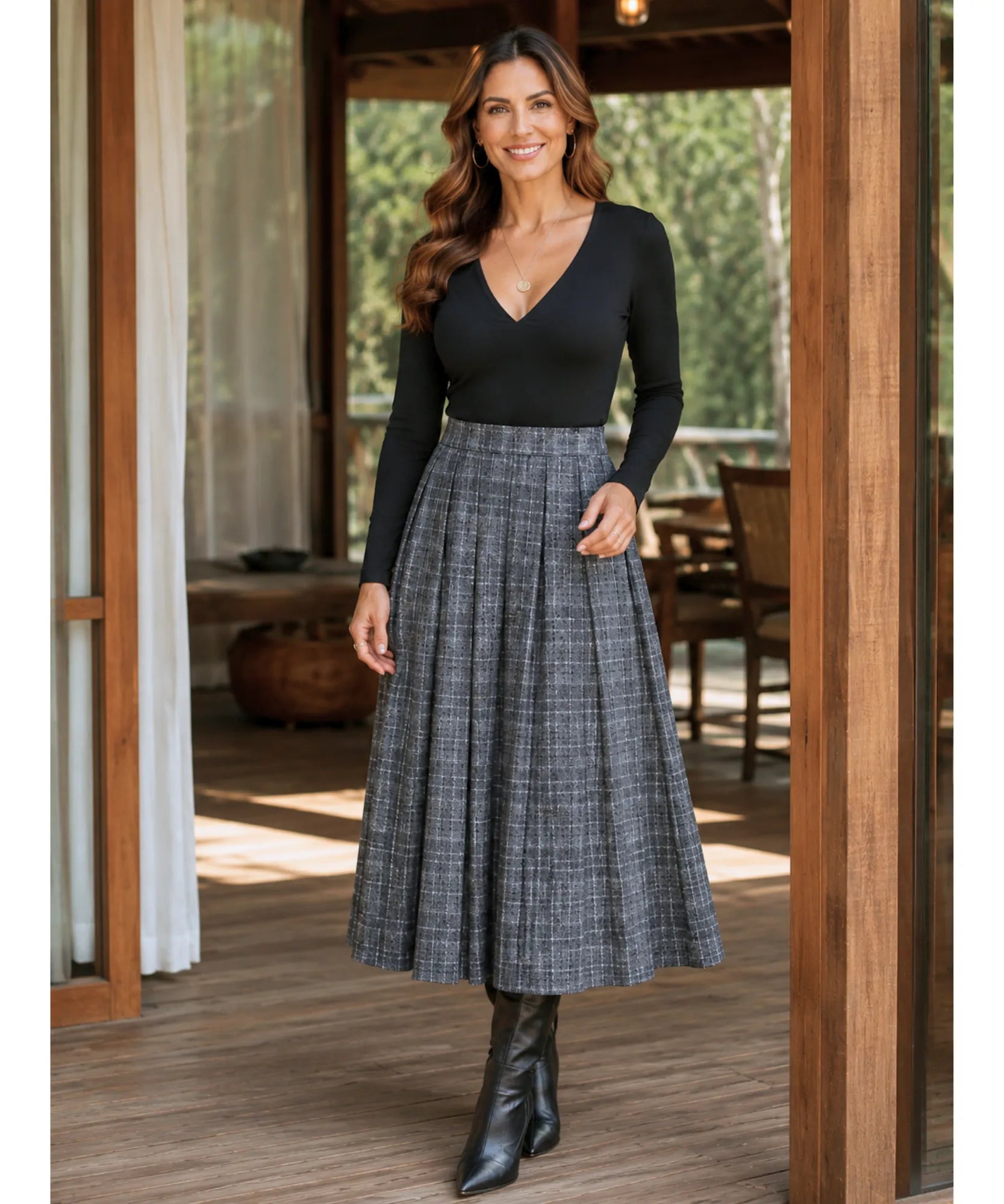 Comprar Saia Xadrez Midi Lã Premium Cintura Alta Feminina de outono e inverno barato promoção ZARA