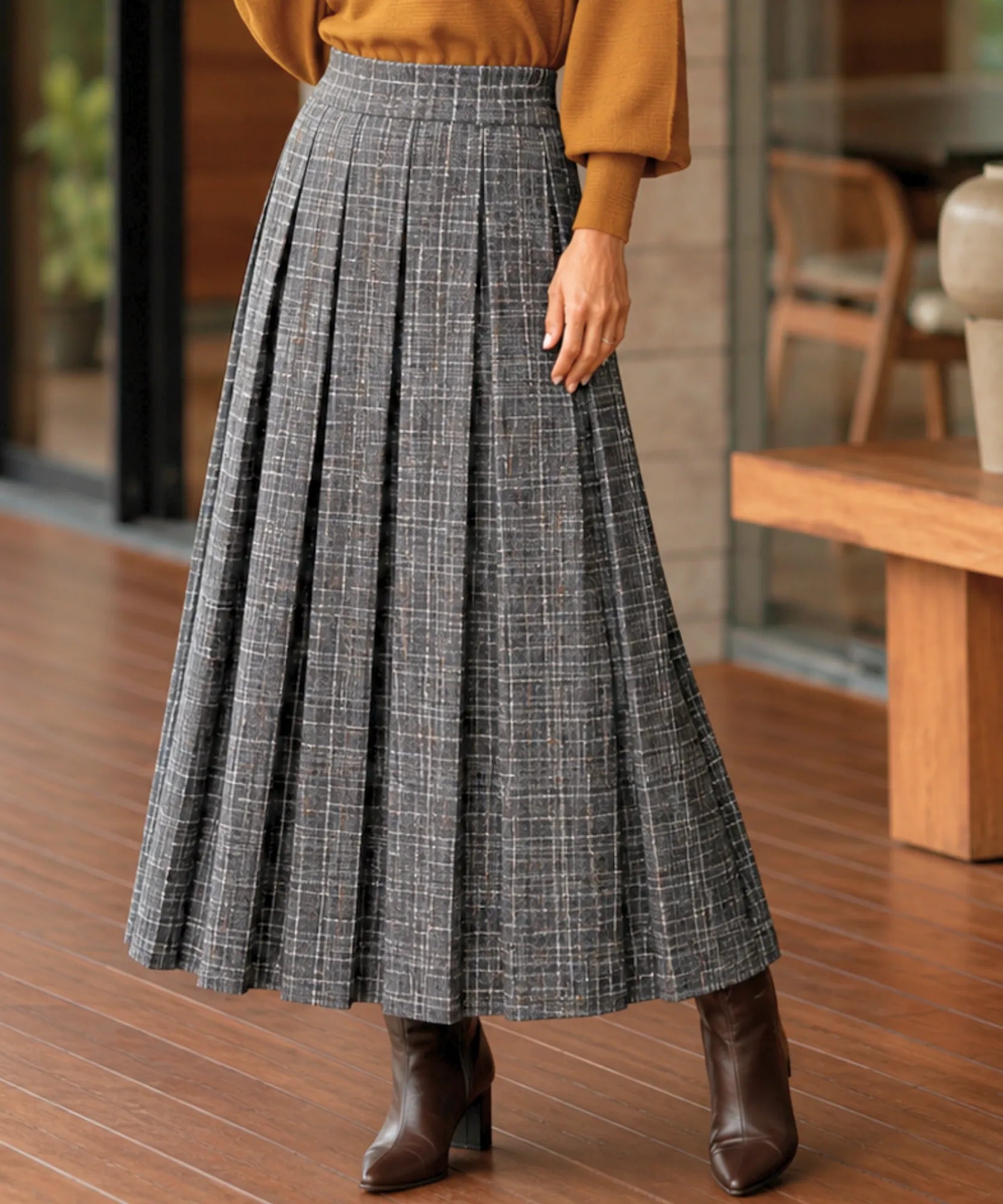 Comprar Saia Xadrez Midi Lã Premium Cintura Alta Feminina de outono e inverno barato promoção ZARA