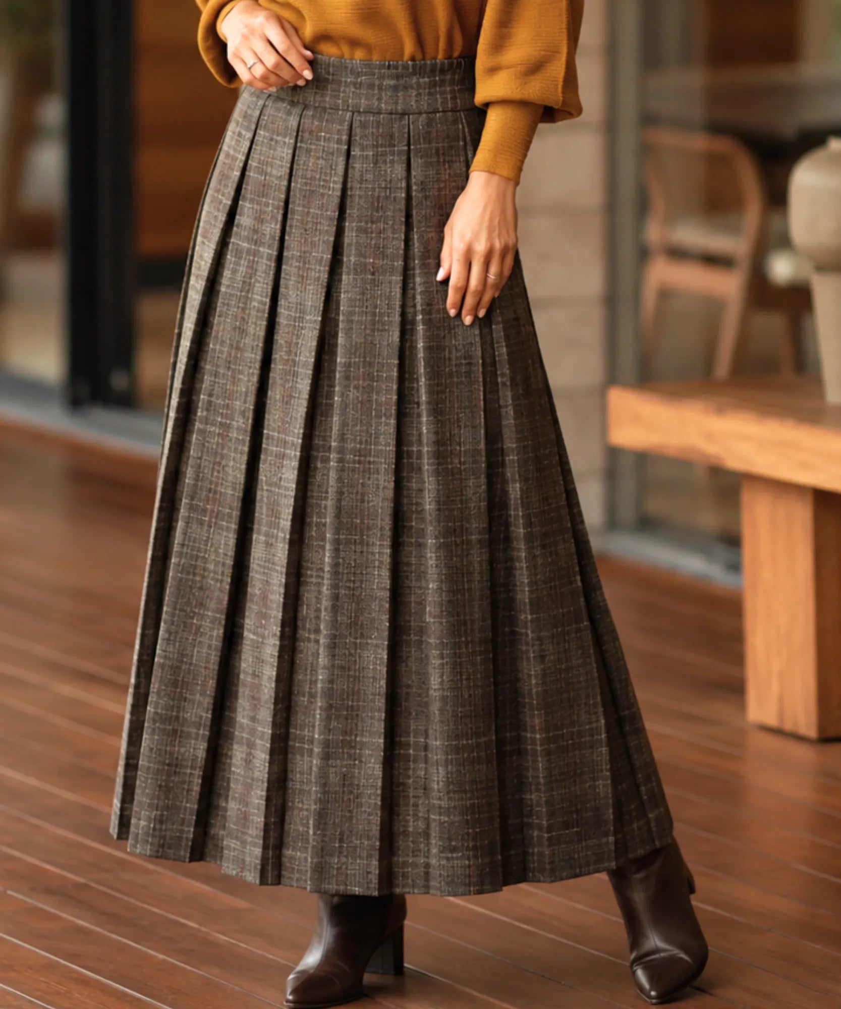 Comprar Saia Xadrez Midi Lã Premium Cintura Alta Feminina de outono e inverno barato promoção ZARA