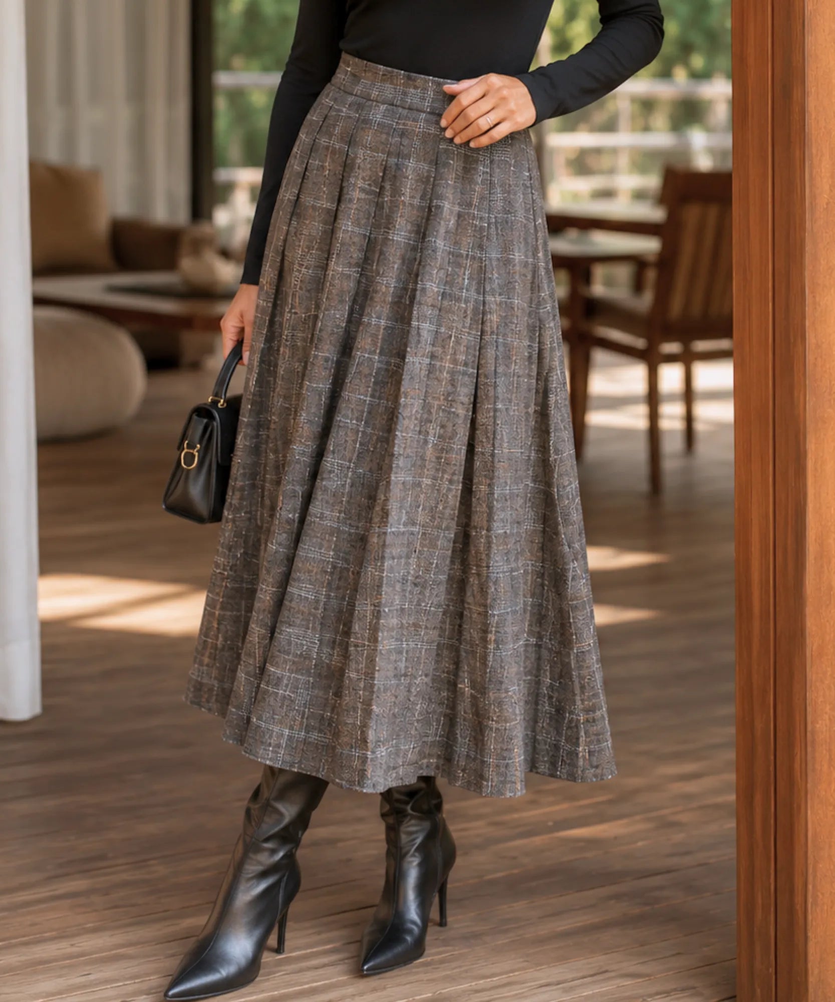 Comprar Saia Xadrez Midi Lã Premium Cintura Alta Feminina de outono e inverno barato promoção ZARA