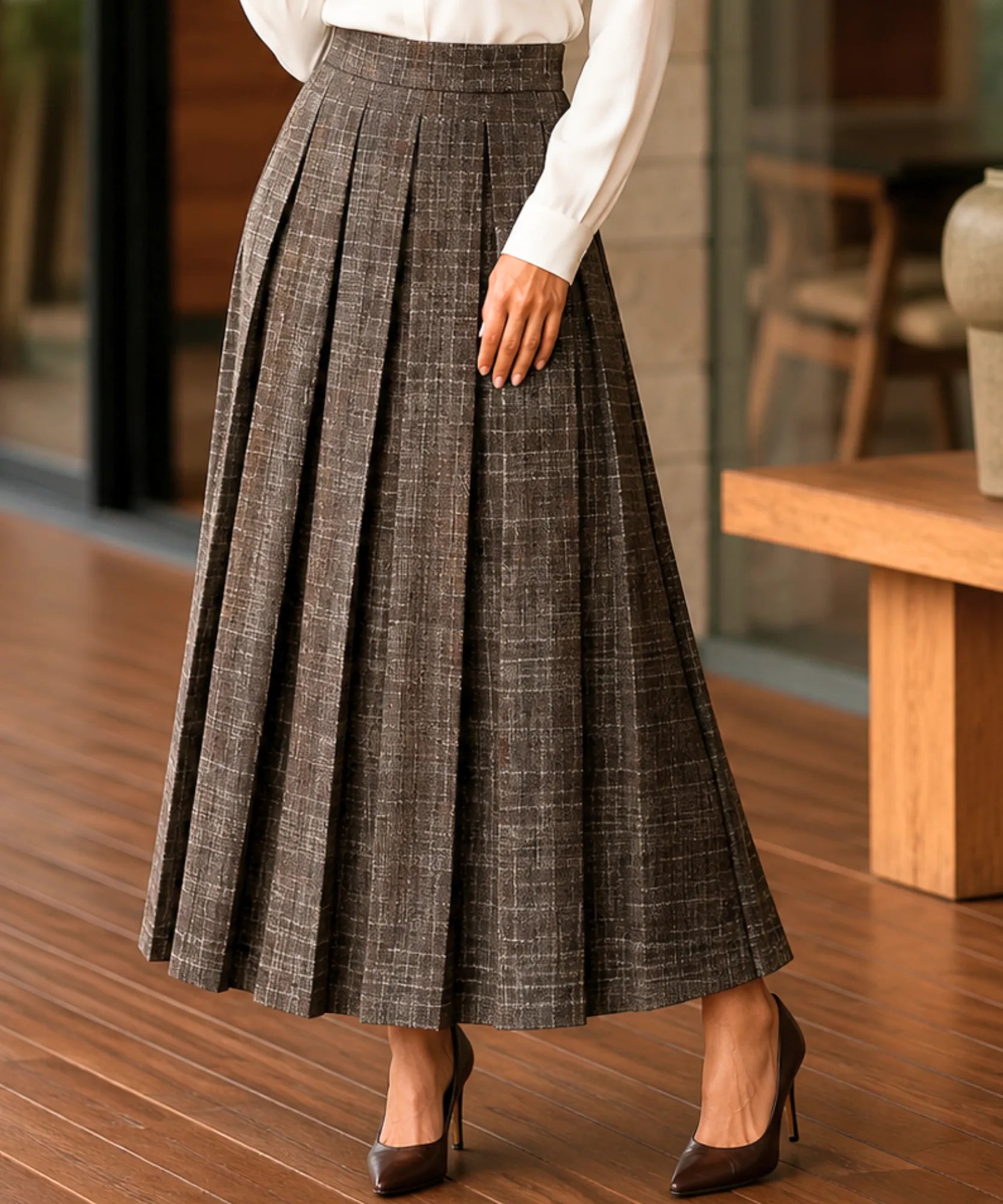 Comprar Saia Xadrez Midi Lã Premium Cintura Alta Feminina de outono e inverno barato promoção ZARA