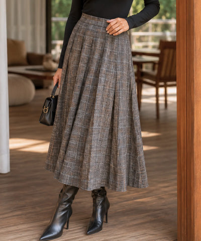 Comprar Saia Xadrez Midi Lã Premium Cintura Alta Feminina de outono e inverno barato promoção ZARA