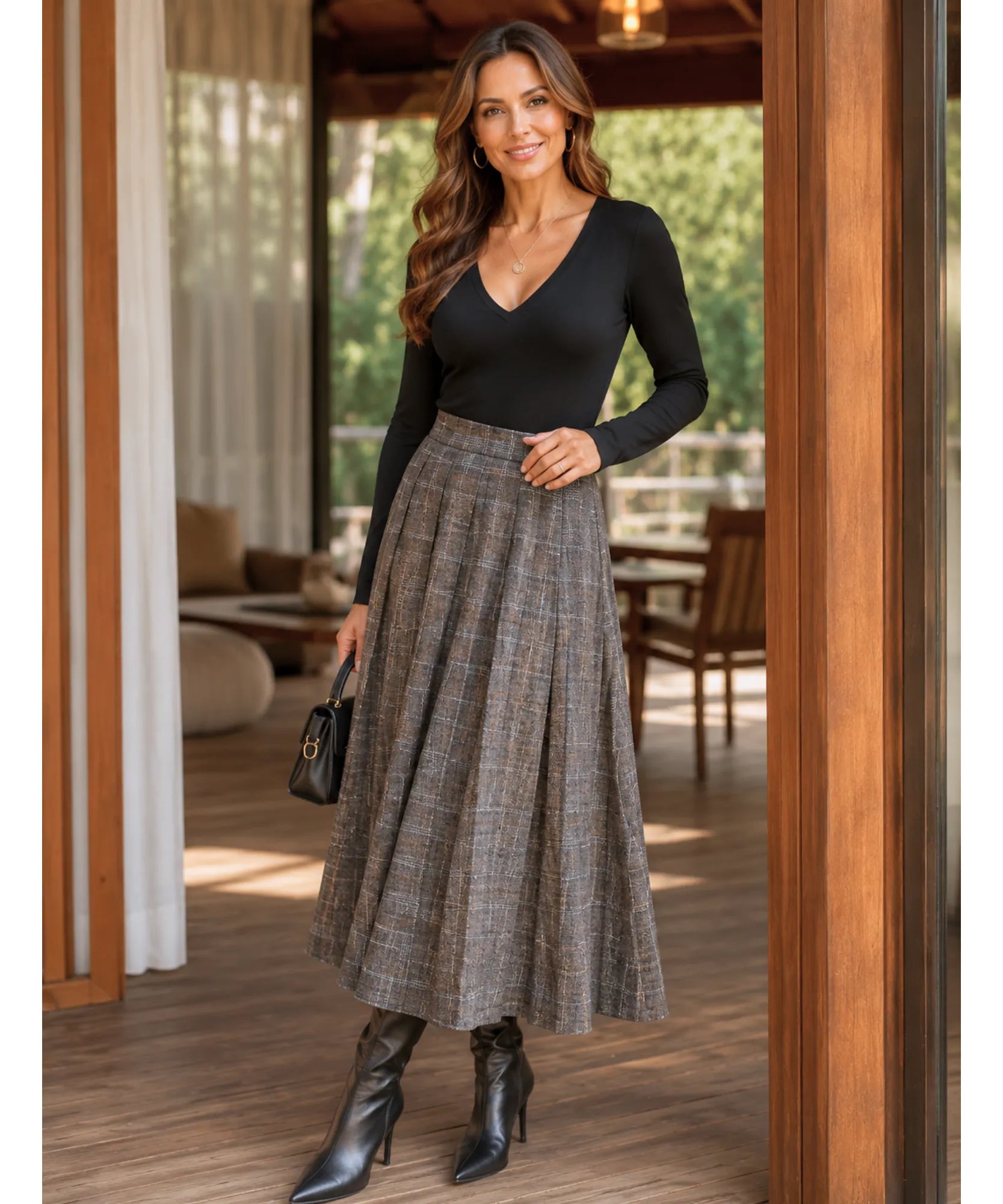 Comprar Saia Xadrez Midi Lã Premium Cintura Alta Feminina de outono e inverno barato promoção ZARA