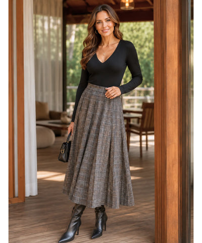 Comprar Saia Xadrez Midi Lã Premium Cintura Alta Feminina de outono e inverno barato promoção ZARA