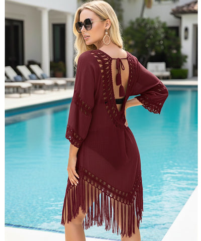 Comprar saída de praia crochê curta com franjas artesanal transparente decote V para piscina barato