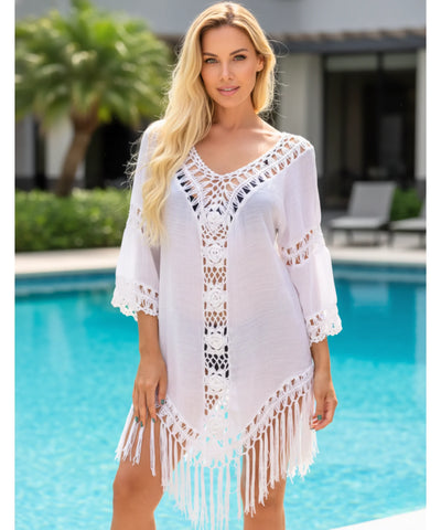Comprar saída de praia crochê curta com franjas artesanal transparente decote V para piscina barato