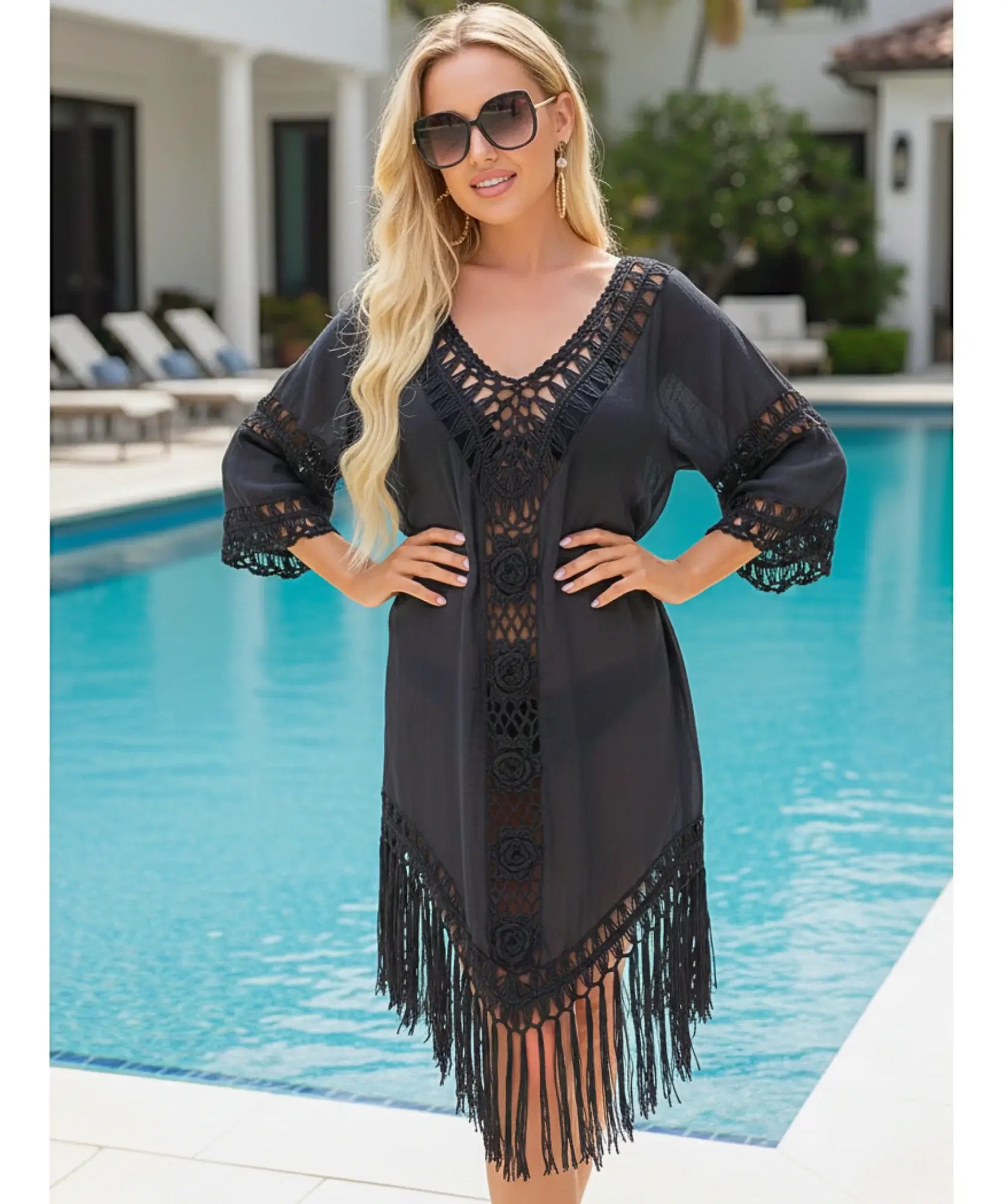 Comprar saída de praia crochê curta com franjas artesanal transparente decote V para piscina barato