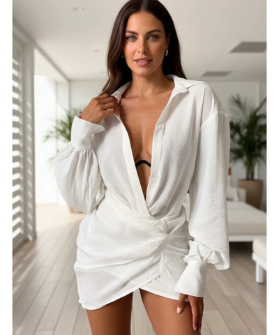 Saída De Praia Curta Branca Vestido Transpassado Elegante | Cacá