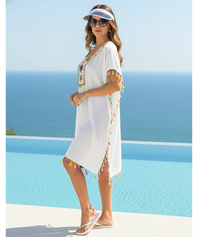  Comprar saída de praia curta com franjas coloridas e crochê artesanal barato