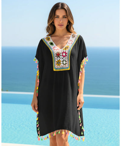  Comprar saída de praia curta com franjas coloridas e crochê artesanal barato