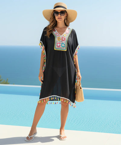  Comprar saída de praia curta com franjas coloridas e crochê artesanal barato