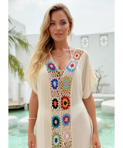 Saída de Praia Longa Crochê Colorido Floral Verão | Maily