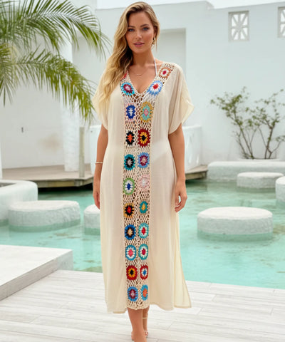 Saída de Praia Longa Crochê Colorido Floral Verão | Maily