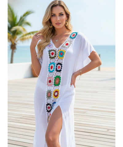 Saída de Praia Longa Crochê Colorido Floral Verão | Maily