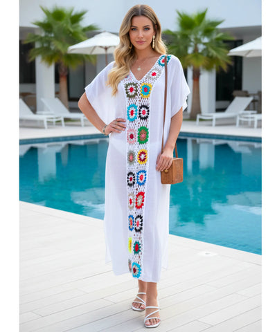 Saída de Praia Longa Crochê Colorido Floral Verão | Maily