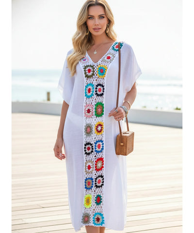 Saída de Praia Longa Crochê Colorido Floral Verão | Maily