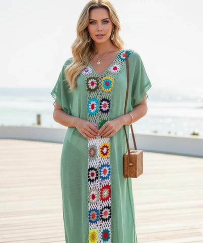 Saída de Praia Longa Crochê Colorido Floral Verão | Maily