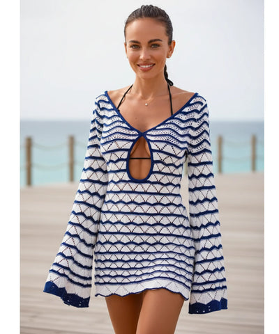 Saída de Praia Crochê Curta Listrada Manga Longa | Nalaura